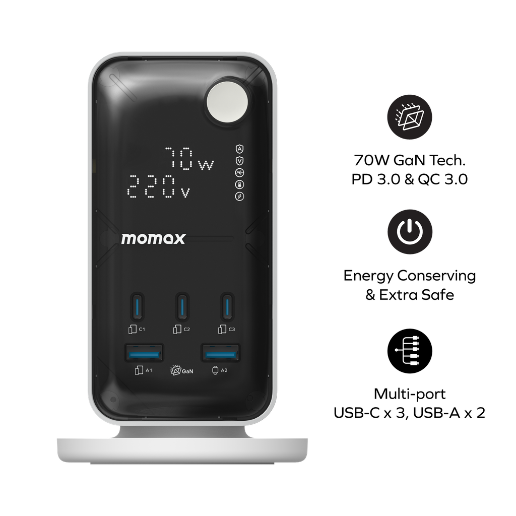 Momax 1-Charge 70W Work Flow 6-Outlet Digital Display Power Tower With USB Momax 1-Charge 70W Work Flow 6-Outlet Digital Display Power Tower With USB