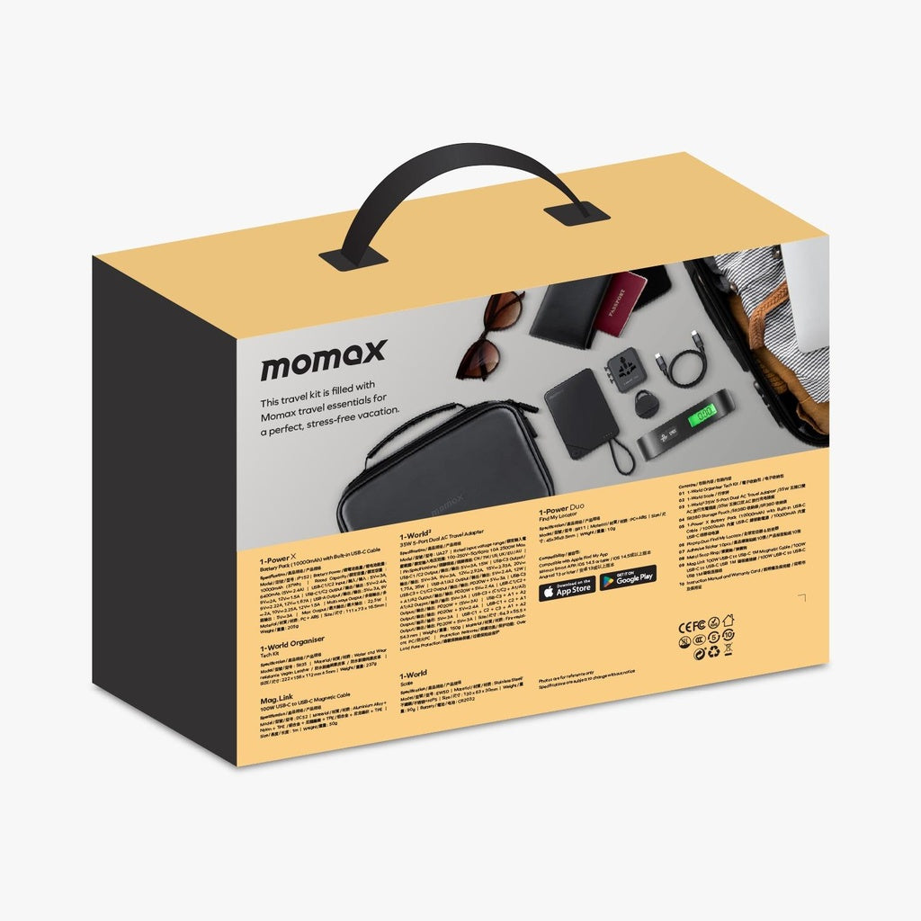 Momax 1-world Travel Essential Kit – 35w Adapter, 10k Power Bank, Cable, Tracker, Weighing Scale & Pouch Momax 1-world Travel Essential Kit – 35w Adapter, 10k Power Bank, Cable, Tracker, Weighing Scale & Pouch