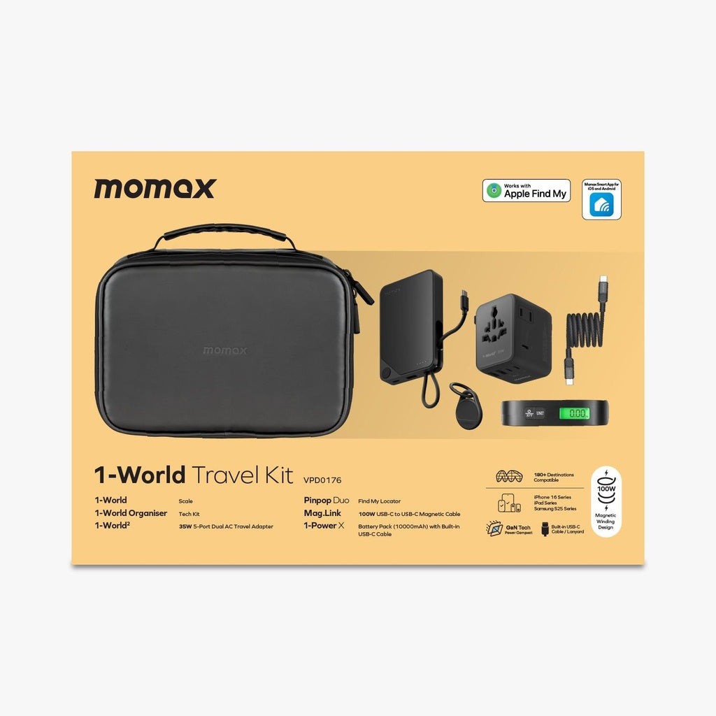Momax 1-world Travel Essential Kit – 35w Adapter, 10k Power Bank, Cable, Tracker, Weighing Scale & Pouch Momax 1-world Travel Essential Kit – 35w Adapter, 10k Power Bank, Cable, Tracker, Weighing Scale & Pouch