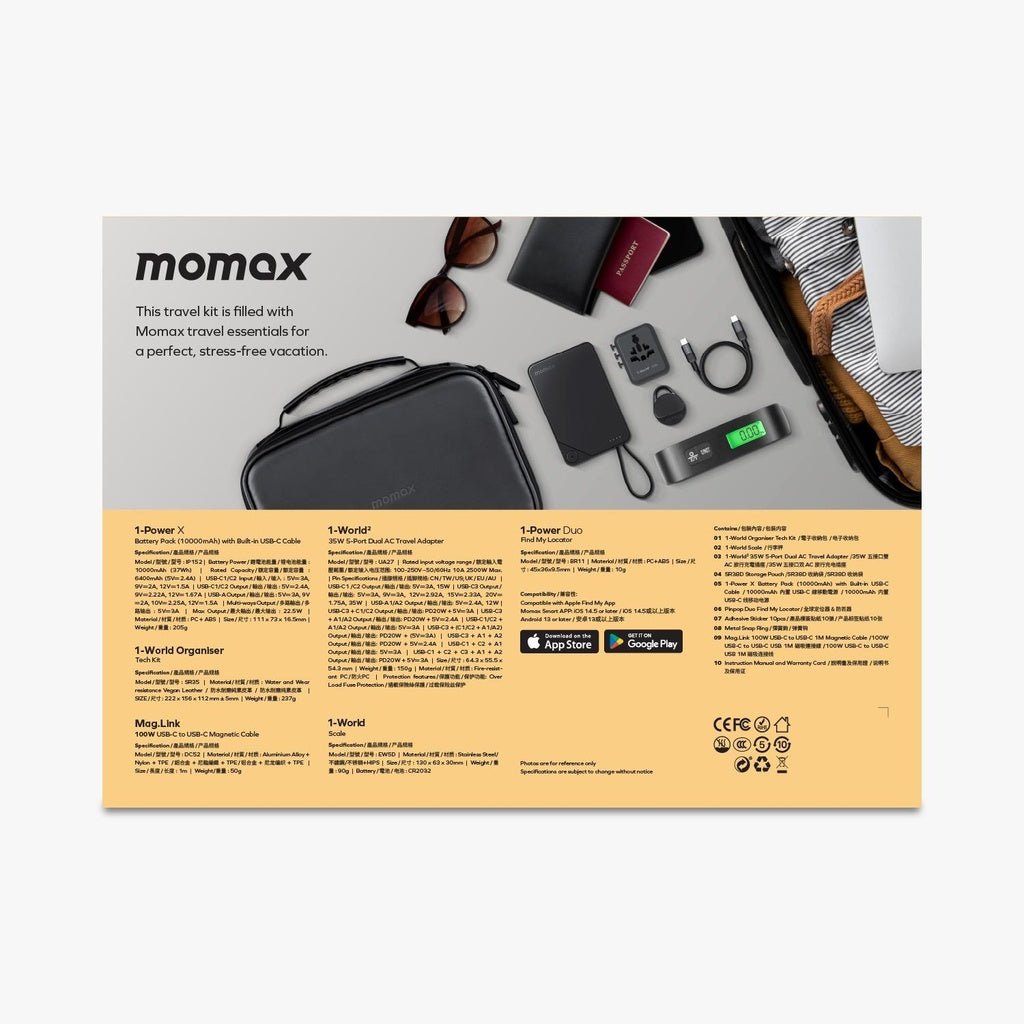Momax 1-world Travel Essential Kit – 35w Adapter, 10k Power Bank, Cable, Tracker, Weighing Scale & Pouch Momax 1-world Travel Essential Kit – 35w Adapter, 10k Power Bank, Cable, Tracker, Weighing Scale & Pouch