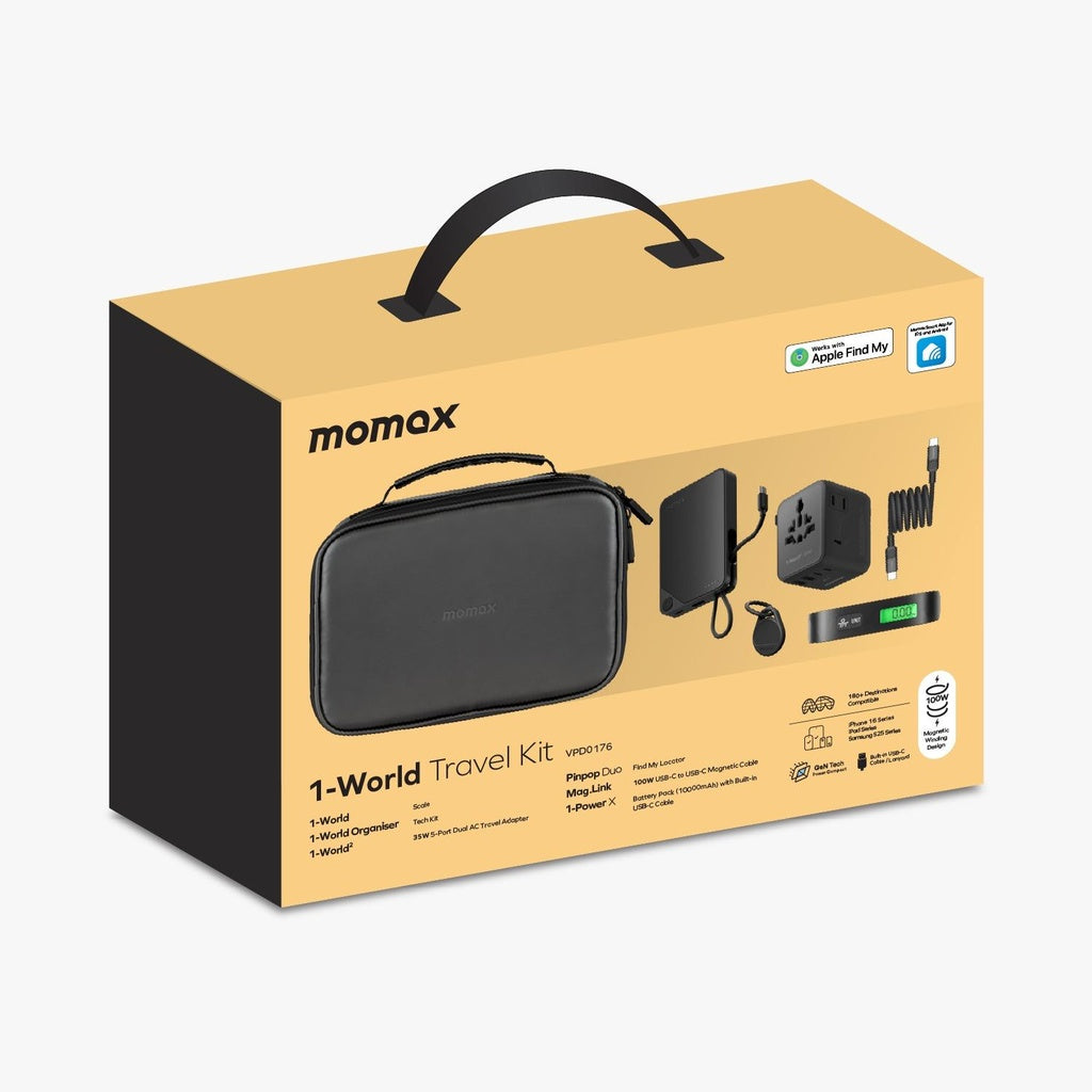 Momax 1-world Travel Essential Kit – 35w Adapter, 10k Power Bank, Cable, Tracker, Weighing Scale & Pouch Momax 1-world Travel Essential Kit – 35w Adapter, 10k Power Bank, Cable, Tracker, Weighing Scale & Pouch