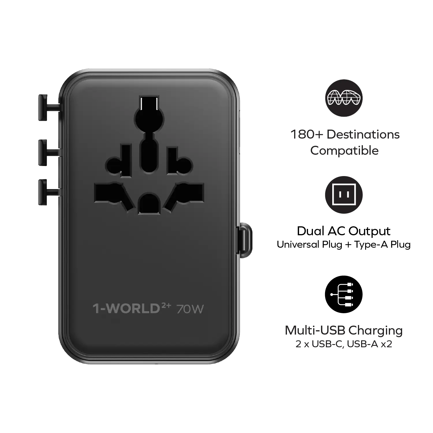 Momax 1-World²⁺
70W 3-Port Dual AC Travel Adapter with Built-In Retractable Cable Momax 1-World²⁺
70W 3-Port Dual AC Travel Adapter with Built-In Retractable Cable