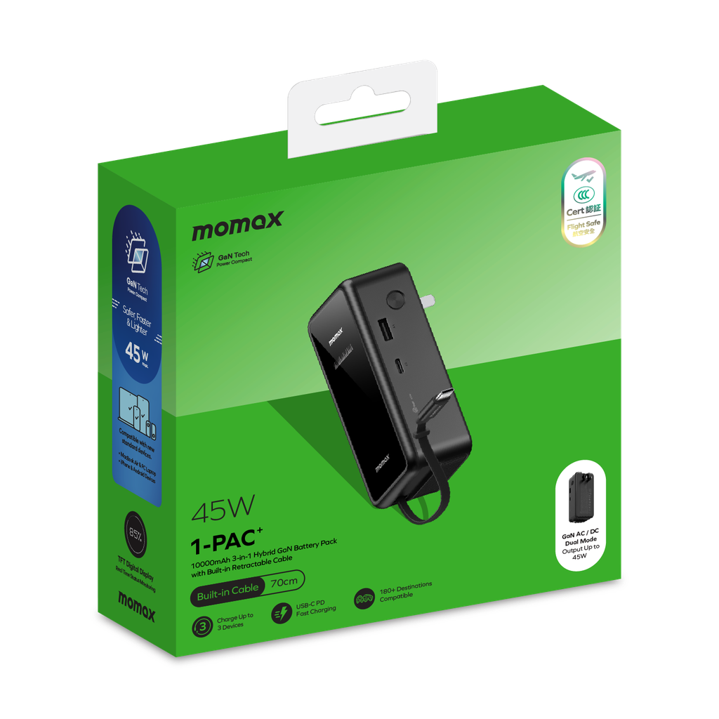 Momax 1-pac⁺10000mah 3in1 Hybrid Gan Battery Pack With Built-in Retractable Cable Momax 1-pac⁺10000mah 3in1 Hybrid Gan Battery Pack With Built-in Retractable Cable