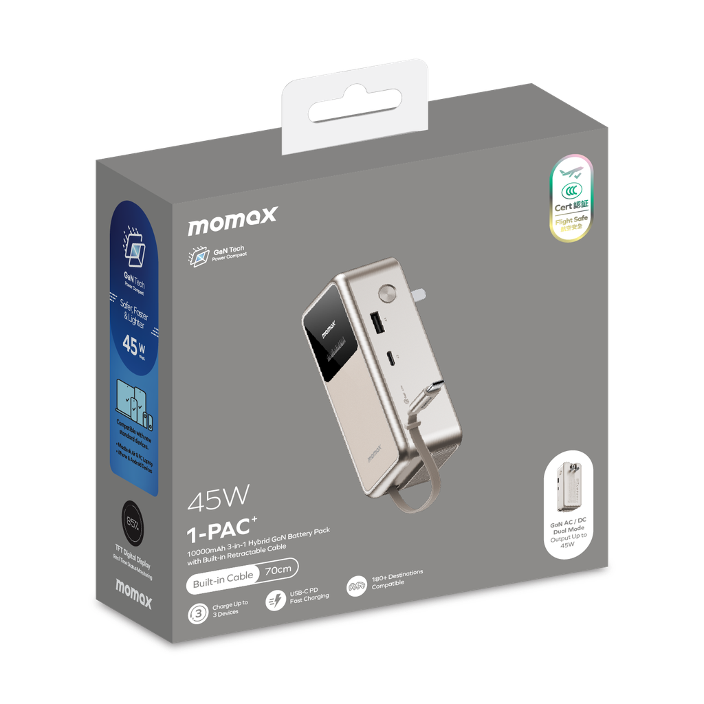 Momax 1-pac⁺10000mah 3in1 Hybrid Gan Battery Pack With Built-in Retractable Cable Momax 1-pac⁺10000mah 3in1 Hybrid Gan Battery Pack With Built-in Retractable Cable