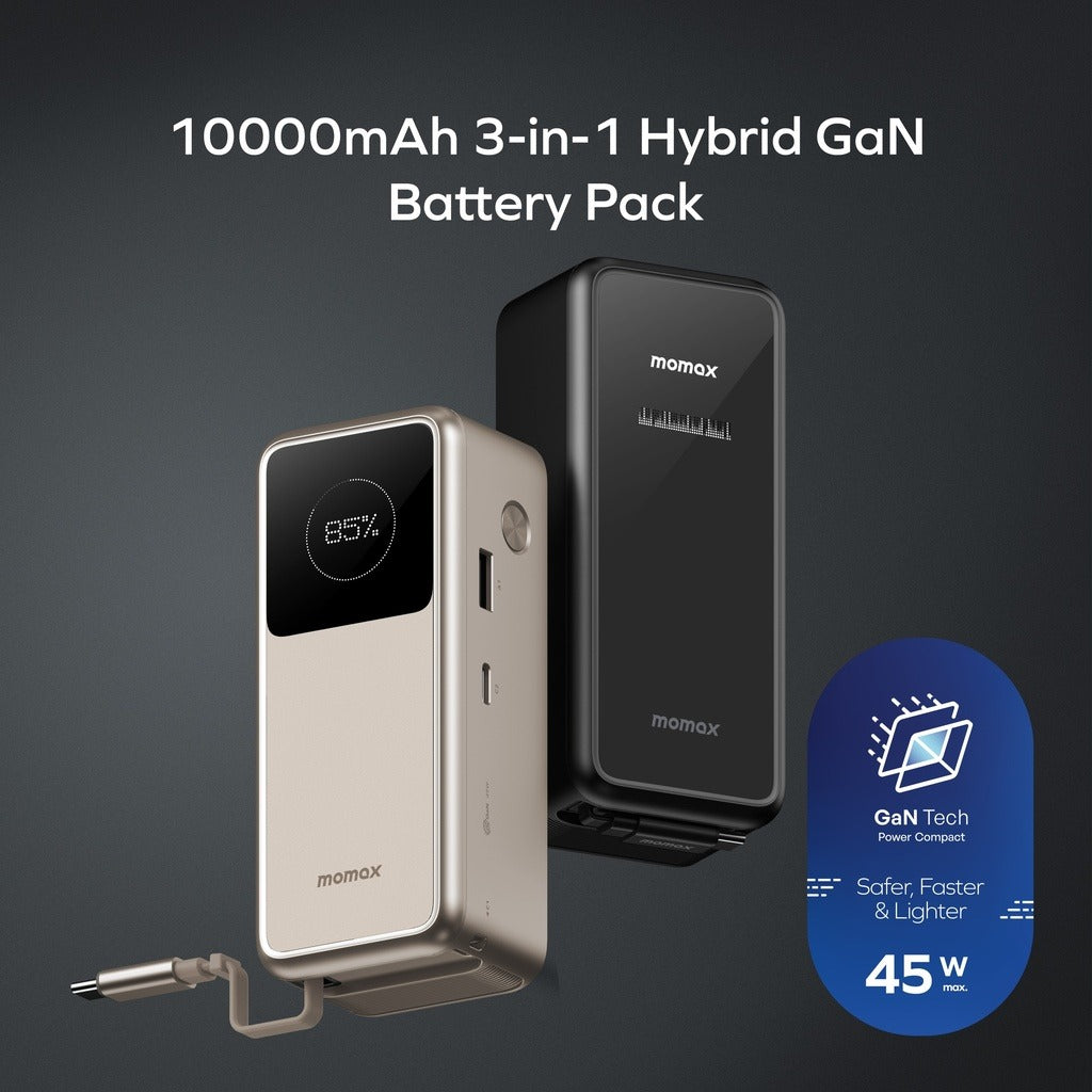 Momax 1-pac⁺10000mah 3in1 Hybrid Gan Battery Pack With Built-in Retractable Cable Momax 1-pac⁺10000mah 3in1 Hybrid Gan Battery Pack With Built-in Retractable Cable